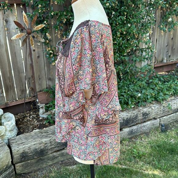 Fang Sheer Lace Paisley Flutter Peasant Boho Long Batwing Blouse Large - Picture 7 of 12